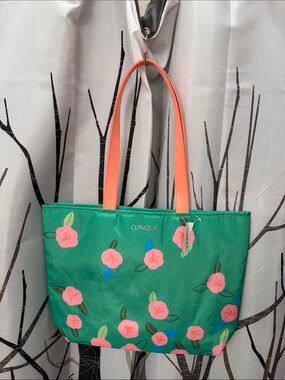 Clinique Green Floral Tote with Coral Handles